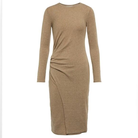 NWT Vince Buttery Soft Neutral Ruched Knit Long Sleeve Midi Stretch Dress Tan Lg - Picture 6 of 16